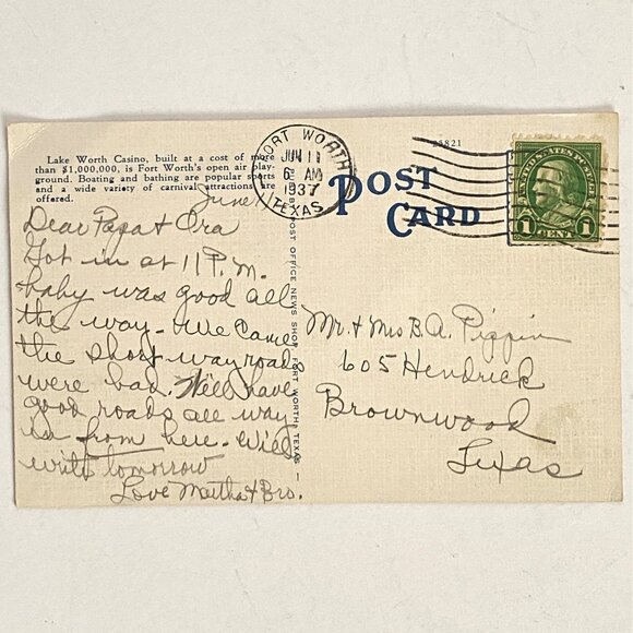 c1930s Aeroplane View Of Beach Casino Lake Worth Fort Worth Texas Linen Postcard - Picture 3 of 6